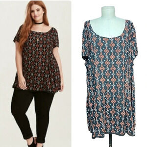 Torrid Geo Print Challis Tunic Top Black Orange Plus Size‎ 3X